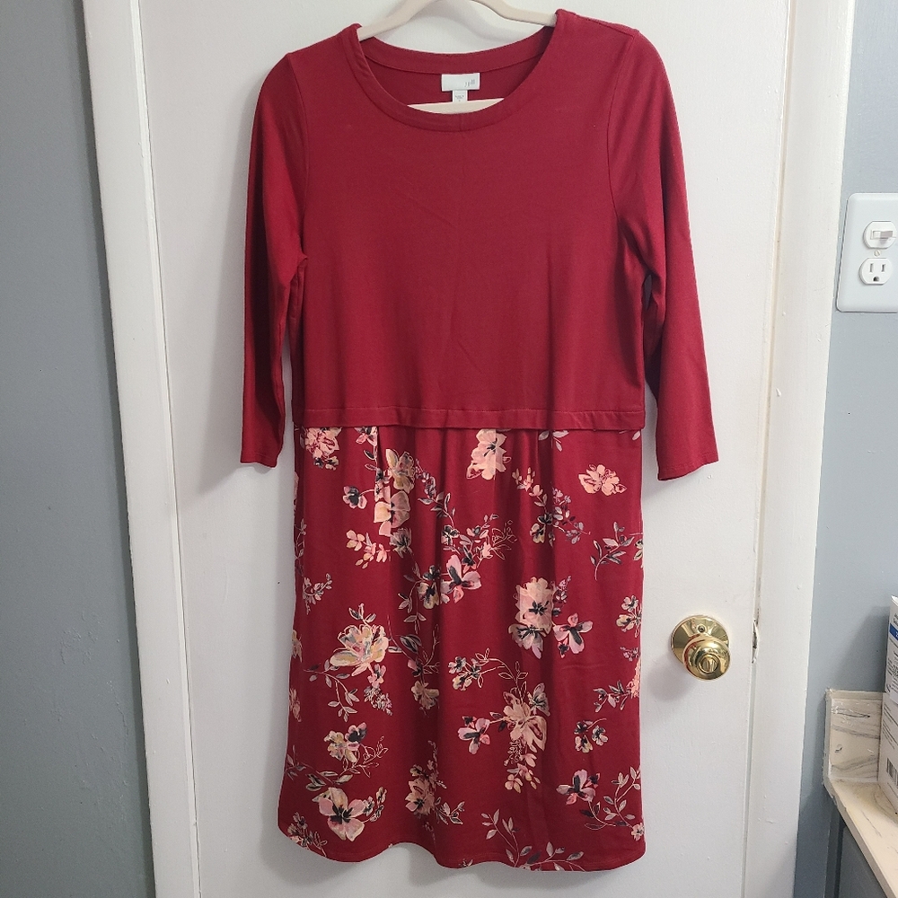 J.Jill Women's Brick Red Floral Relaxed Cotton Stretch Dress 3/4 Sleeve Sz S